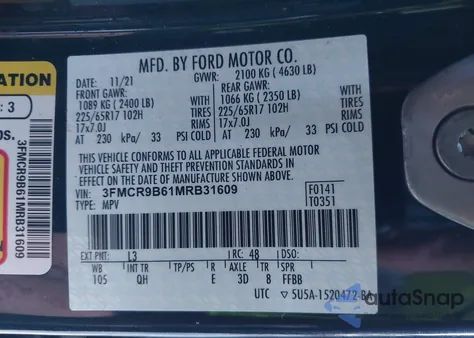 2021 Ford Bronco Sport Big Bend из США, поврежденный, VIN 3FMCR9B61MRB31609